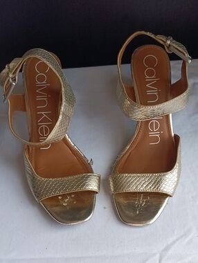 Calvin Klein Metallic Gold Textured Ankle-Strap Sandals